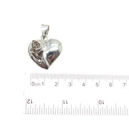 925 Sterling Silver Vintage Mexico Rose Flower Heart Charm Pendant