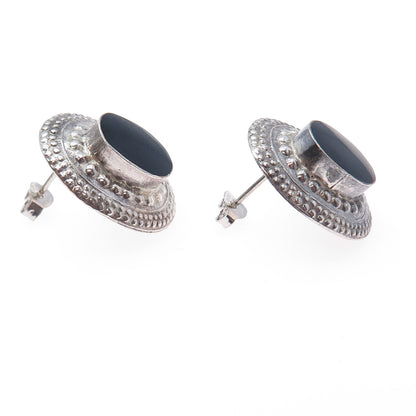 925 Sterling Silver Vintage Real Black Onyx Beaded Oxidized Earrings