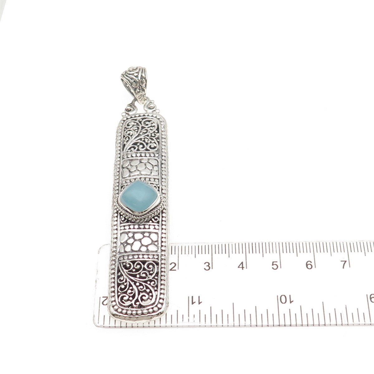 SARDA Sterling Silver Vintage Real Aquamarine Granulated Floral Scroll Pendant