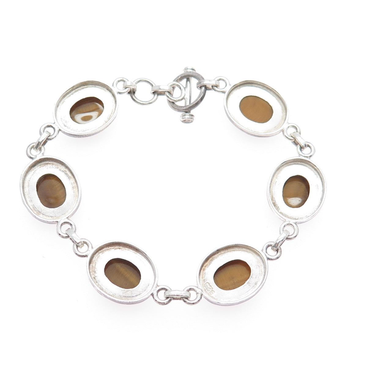 925 Sterling Silver Vintage Real Tiger Eye Station Oxidized Bracelet 7.25"
