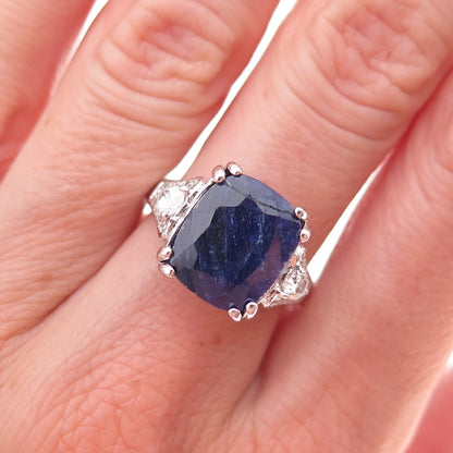 925 Sterling Silver Real Sapphire & White Topaz Ring Size 7