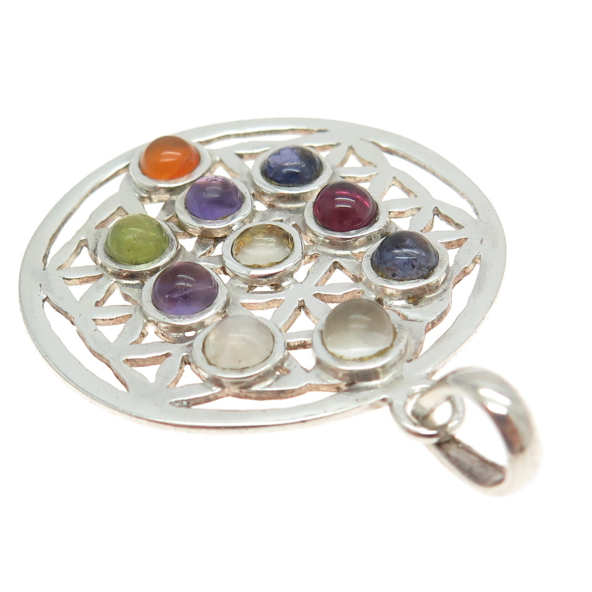 925 Sterling Silver Vintage Amethyst Agate Moonstone & Peridot Tanzanite Pendant