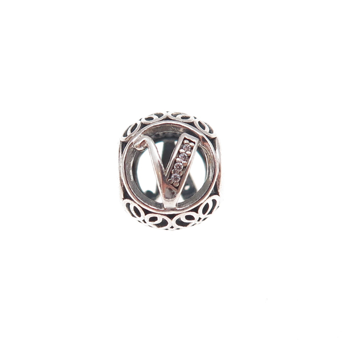 Pandora 925 Sterling Silver C Z Letter V Slide Bead Charm