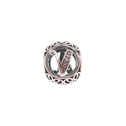 Pandora 925 Sterling Silver C Z Letter V Slide Bead Charm