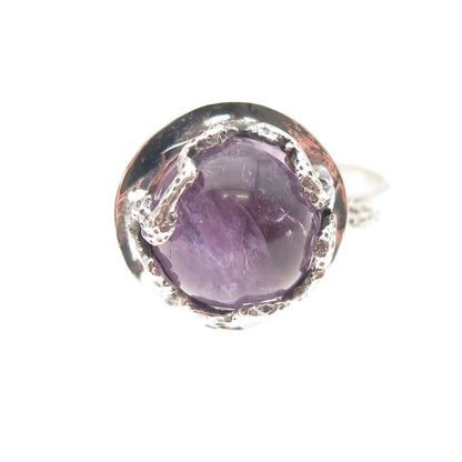 925 Sterling Silver Vintage Real Amethyst Modernist Oxidized Ring Size 9