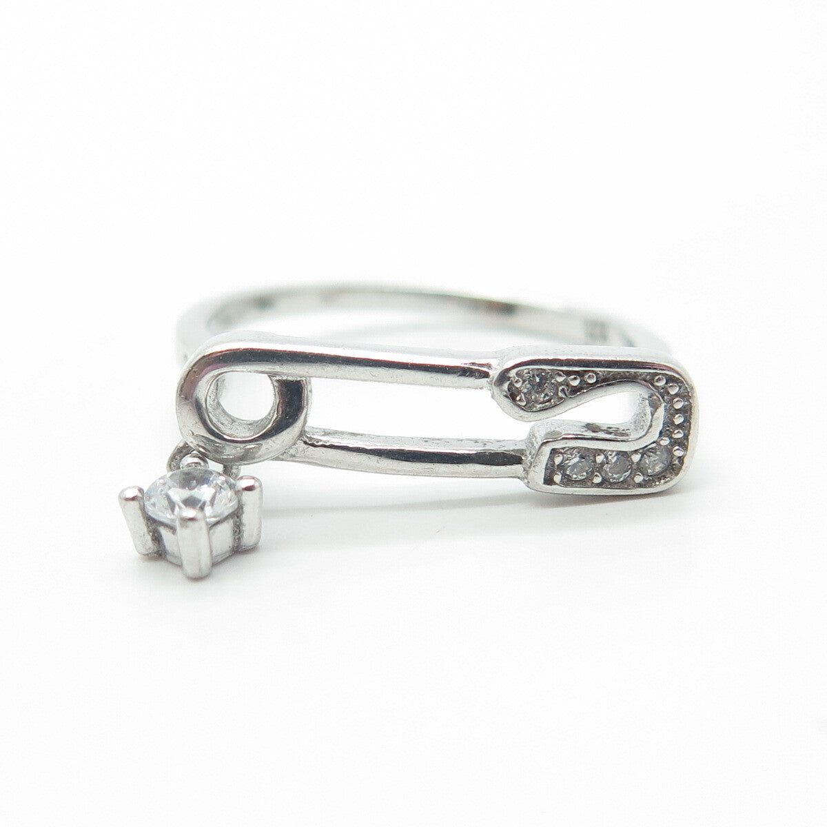 925 Sterling Silver White C Z Pin Clip Dangling Ring Size 5