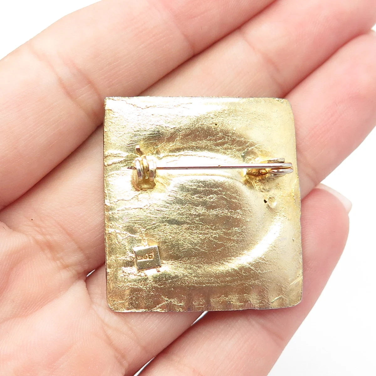 925 Sterling Silver Gold Plated Vintage Fish Symbol Square Pin Brooch