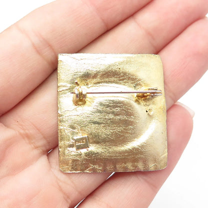 925 Sterling Silver Gold Plated Vintage Fish Symbol Square Pin Brooch