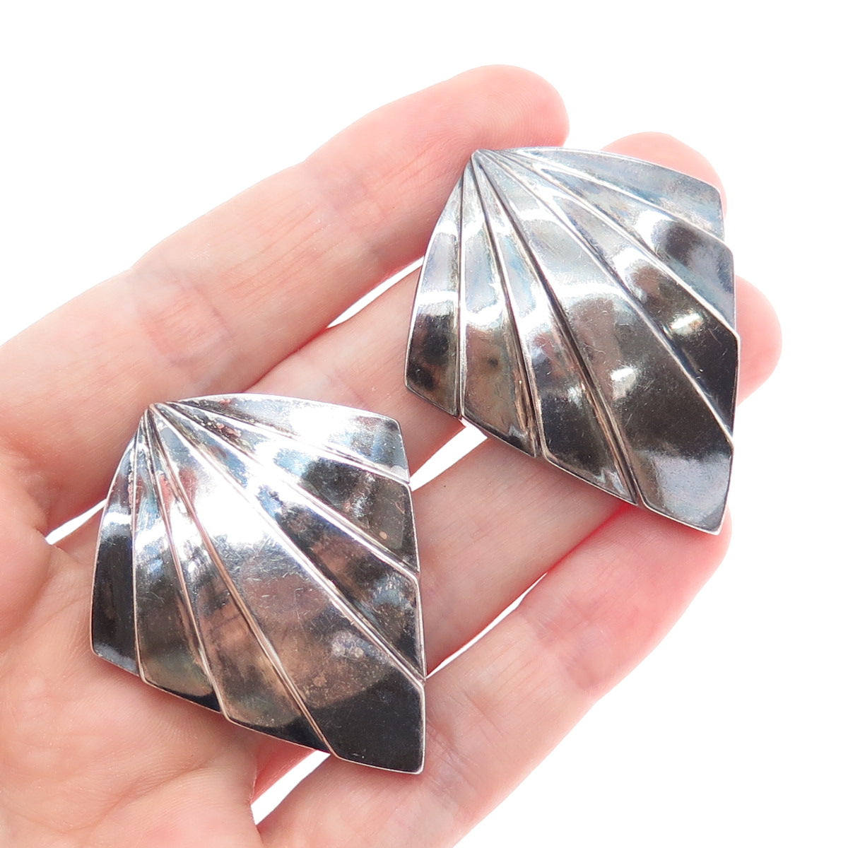 KRYPELL 925 Sterling Silver Vintage Modernist Floral Oxidized Clip On Earrings
