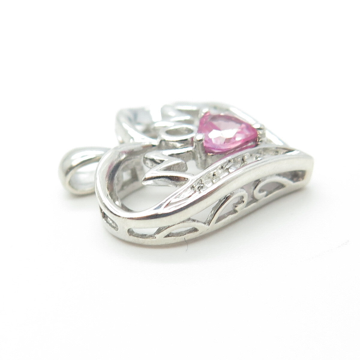 SUN 925 Sterling Silver Real Round Diamond & Pink Sapphire "MOM" Heart Pendant