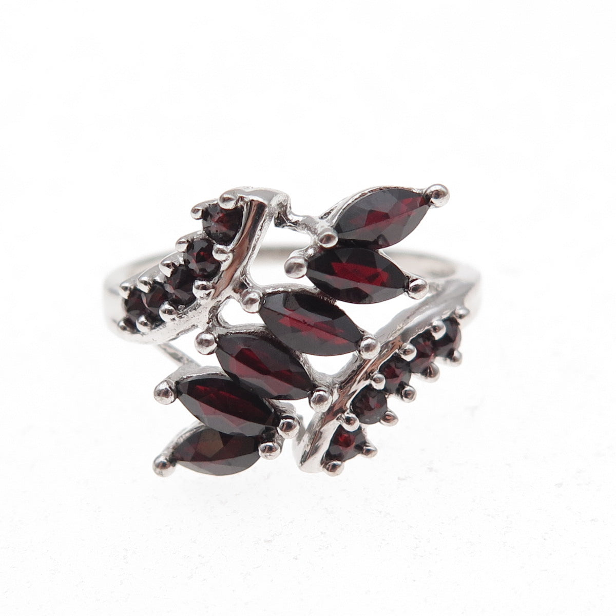925 Sterling Silver Vintage Real Marquise & Round-Cut Red Garnet Ring Size 7