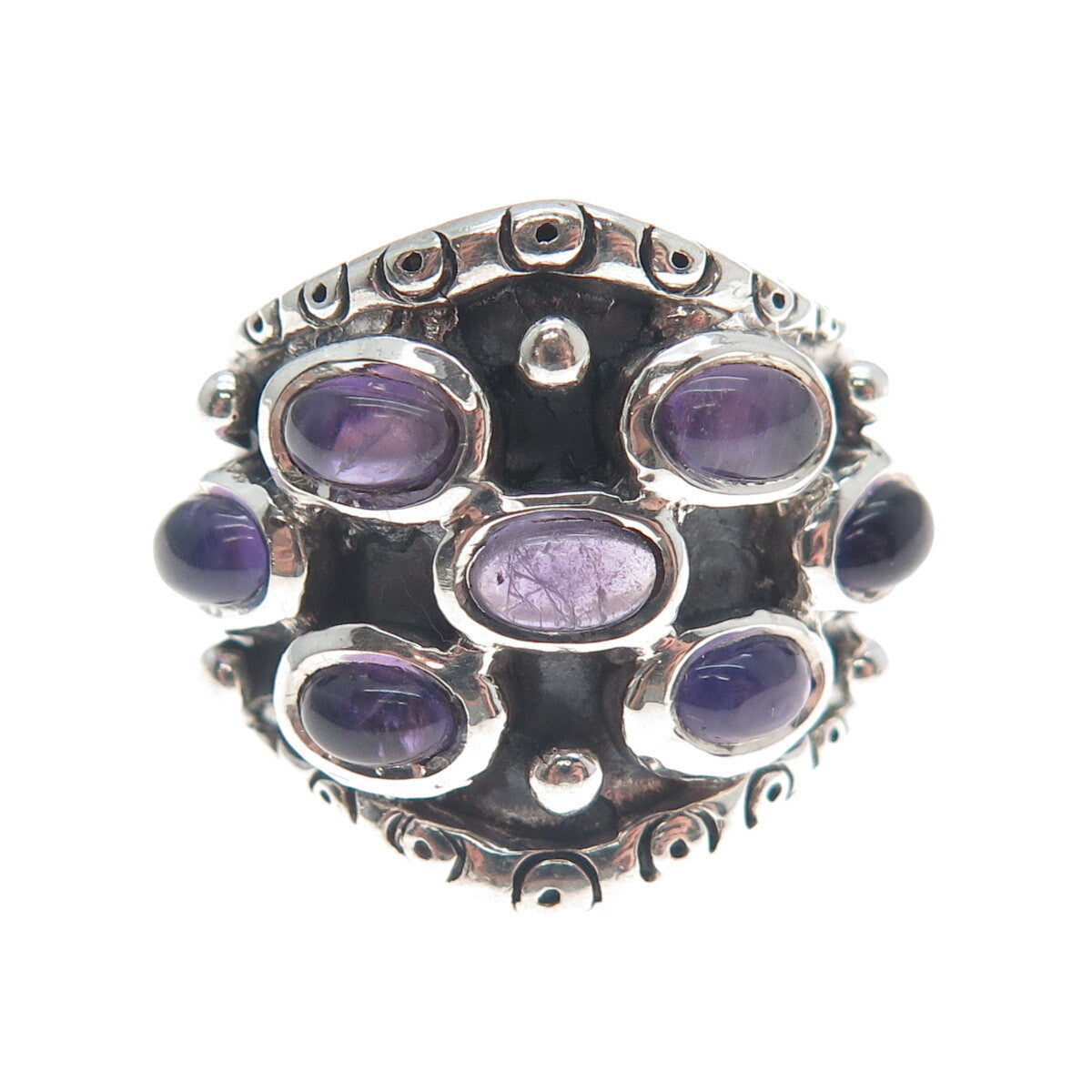 925 Sterling Silver Vintage Real Amethyst Modernist Oxidized Ring Size 5.5
