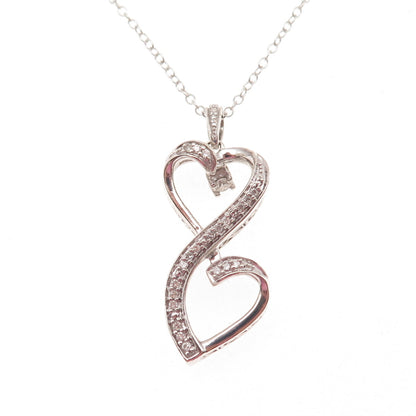 925 Sterling Silver Real Diamond Couple Heart Cable Chain Necklace 18"
