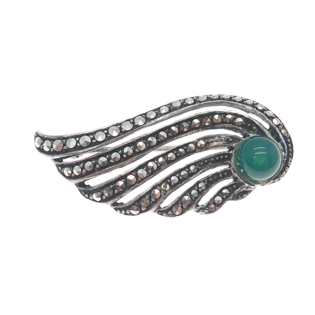 925 Sterling Antique Green Onyx & Marcasite Angel Wing Brooch (missing 1 stone)
