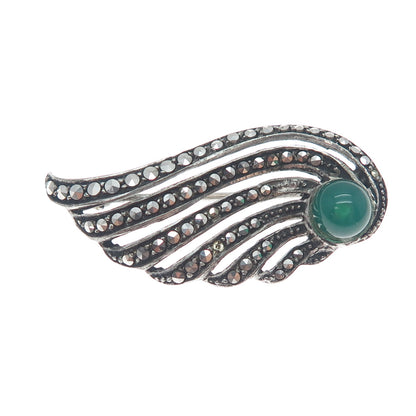 925 Sterling Antique Green Onyx & Marcasite Angel Wing Brooch (missing 1 stone)
