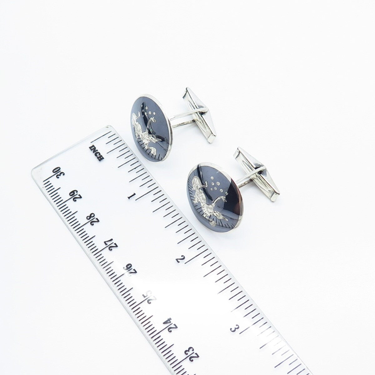 925 Sterling Silver Vintage Siam Niello Hindu Goddess Round Cufflinks