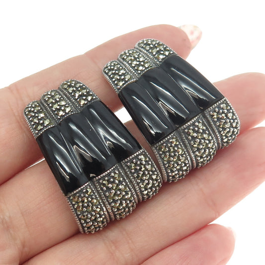 JUDITH JACK 925 Sterling Silver Vintage Real Black Onyx & Marcasite Earrings