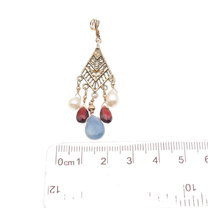 925 Sterling Silver Gold Plated Vintage Real Sapphire Pearl & Red Garnet Pendant