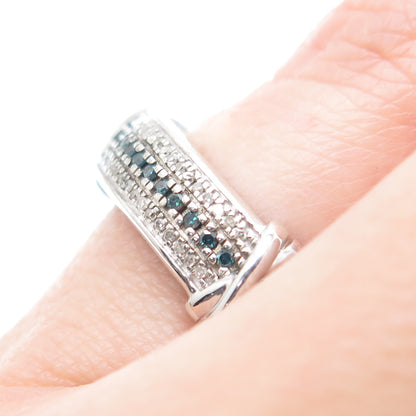 925 Sterling Silver Real Round-Cut Blue & White Diamond X Shape Ring Size 5