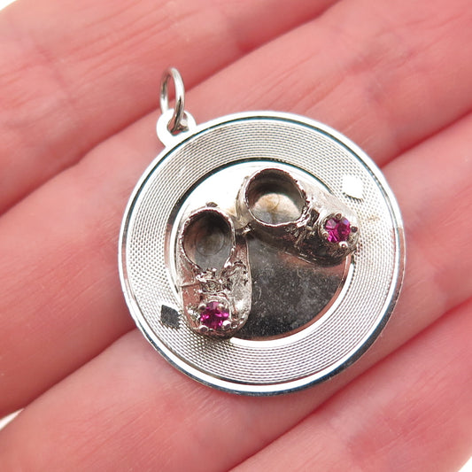 925 Sterling Silver Vintage Pink-Color Rhinestone Baby Shoes Charm Pendant