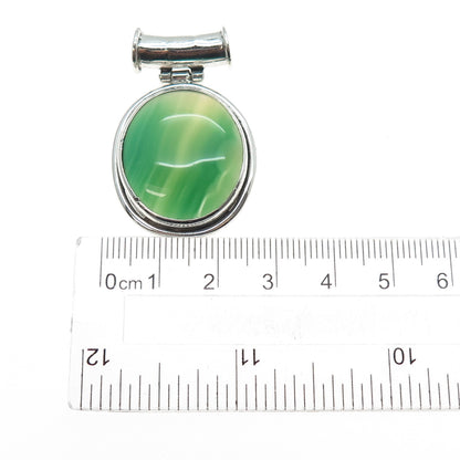 925 Sterling Silver Vintage Real Green Agate Modernist Oxidized Slide Pendant