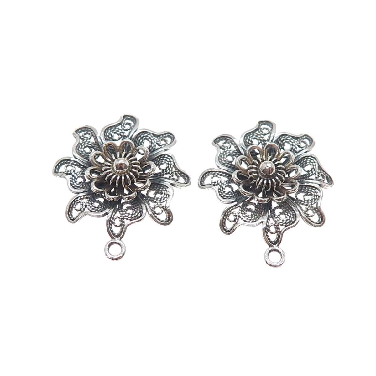 925 Sterling Silver Vintage Modernist Flower Filigree Oxidized Jacket Earrings