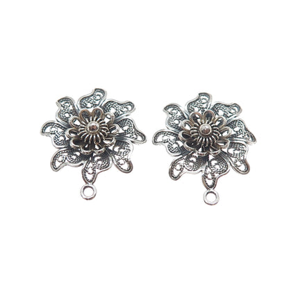 925 Sterling Silver Vintage Modernist Flower Filigree Oxidized Jacket Earrings