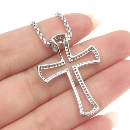 925 Sterling Silver Pave C Z Cross Pendant Popcorn Chain Necklace 16"