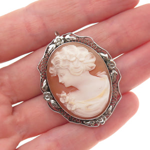 925 Sterling Silver Antique Victorian Real MOP Lady Cameo Pin Brooch / Pendant