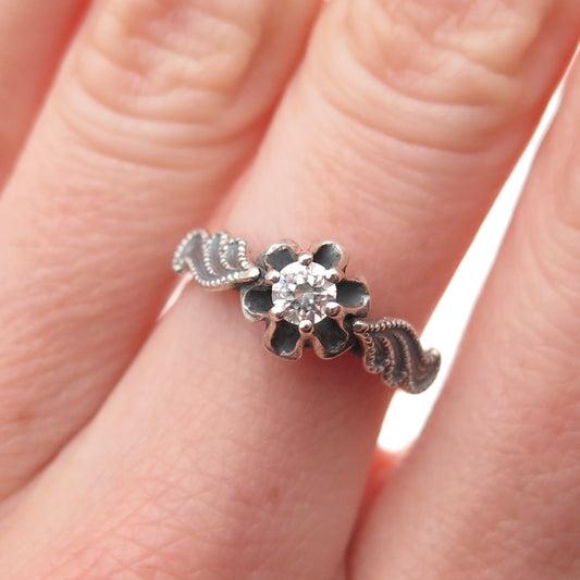 875 Silver Vintage European Round-Cut C Z Floral Oxidized Ring Size 6.25