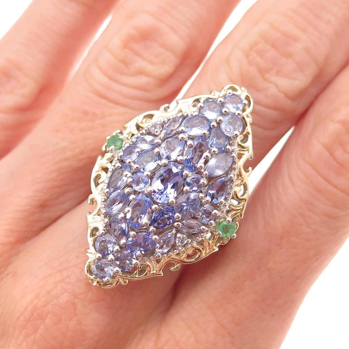 Chuck Clemency 925 Sterling Silver 2-Tone Real Tanzanite Emerald Ring Size 8.25