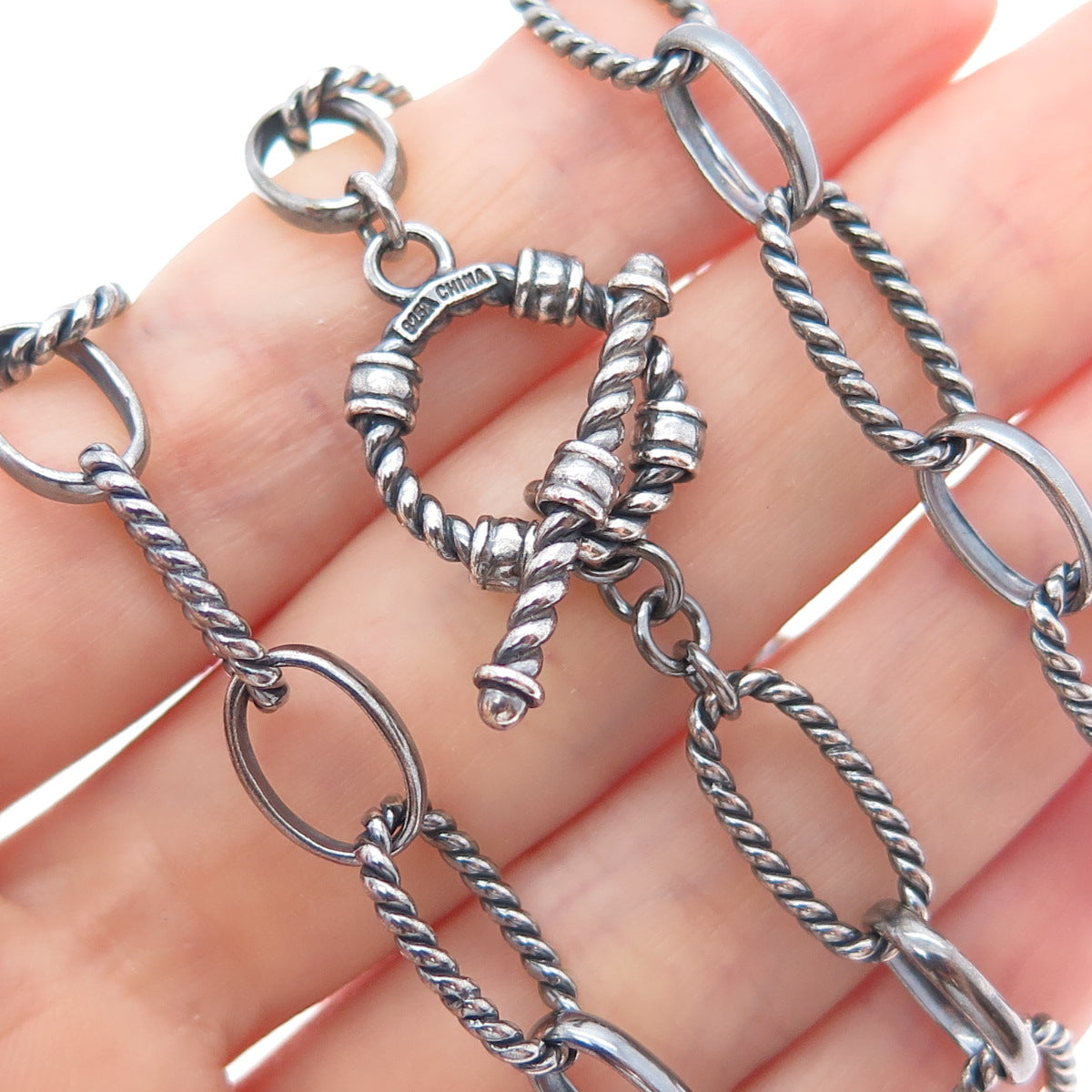 925 Sterling Silver Vintage Oxidized Multi-Oval Chain Necklace 18"