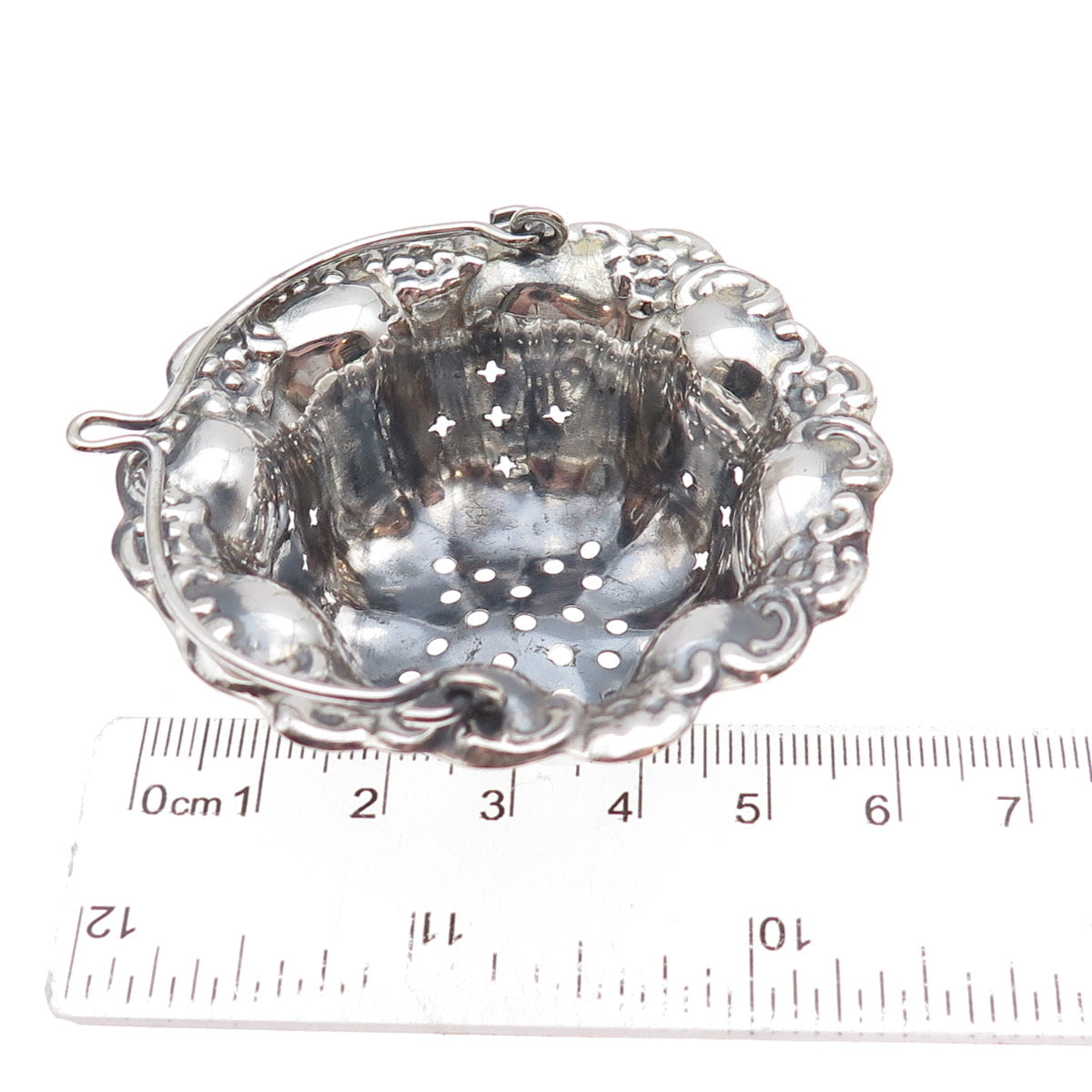 Silver-Tone Antique Art Deco Oxidized Repousse Tea Strainer Basket