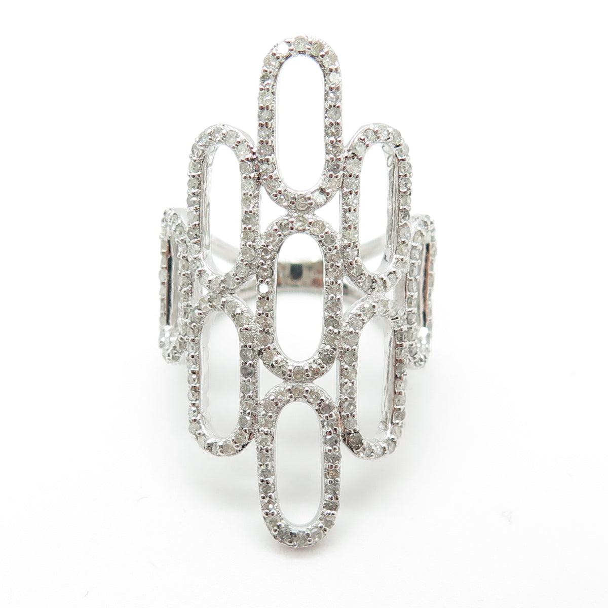 925 Sterling Silver Real Round-Cut Diamond Oval Link Ring Size 7