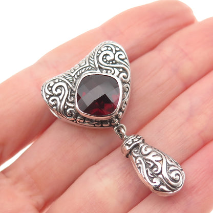 925 Sterling Silver Vintage Real Red Garnet Ornate Heart Slide Dangle Pendant