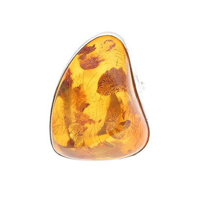 925 Sterling Silver Vintage JB Poland Real Amber Modernist Oxidized Ring Size 8