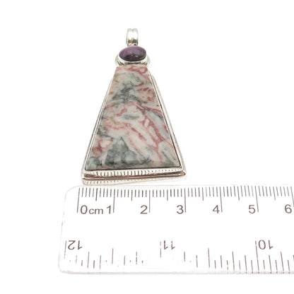 925 Sterling Silver Vintage Real Moss Agate & Ruby Large 27.0g Pendant