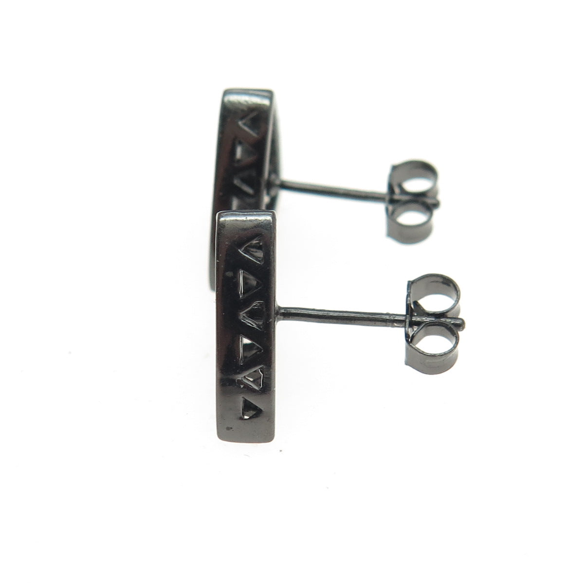 925 Sterling Silver Real Round-Cut Black Spinel Oxidized Triangle Earrings