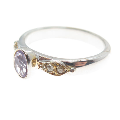 925 Sterling Silver 2-Tone Real Round-Cut Diamond & Purple Topaz Ring Size 8