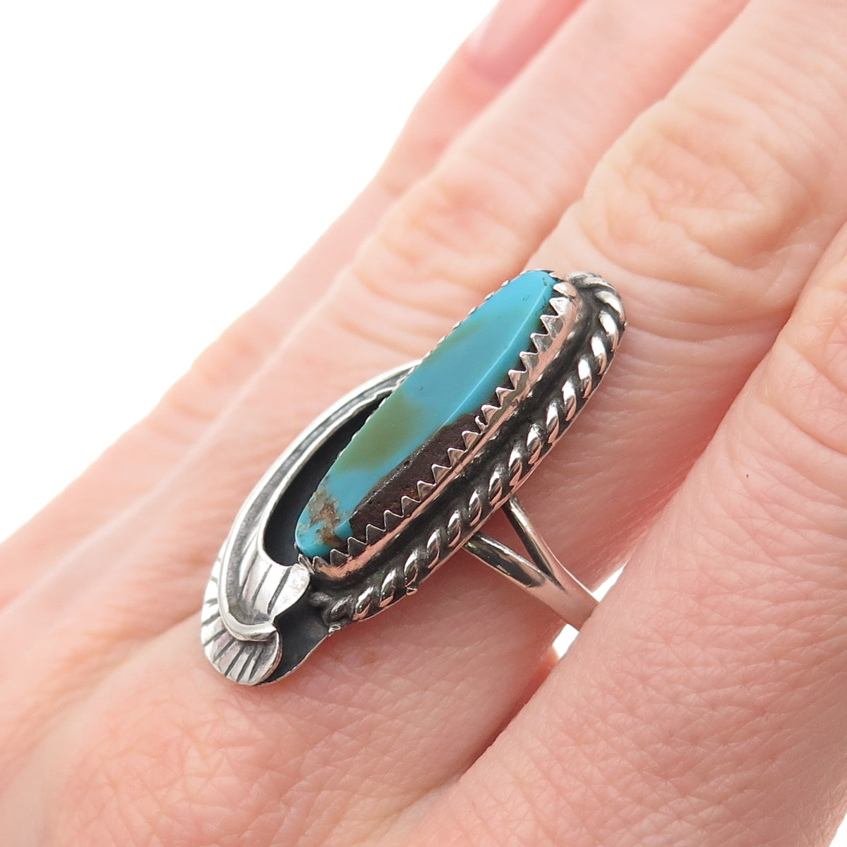 Old Pawn 925 Sterling Silver Vintage Southwestern Turquoise Feather Ring Size 8