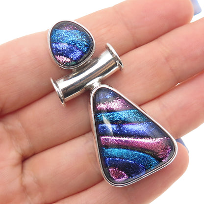 925 Sterling Silver Vintage Dichroic Glass Modernist Slide Pendant
