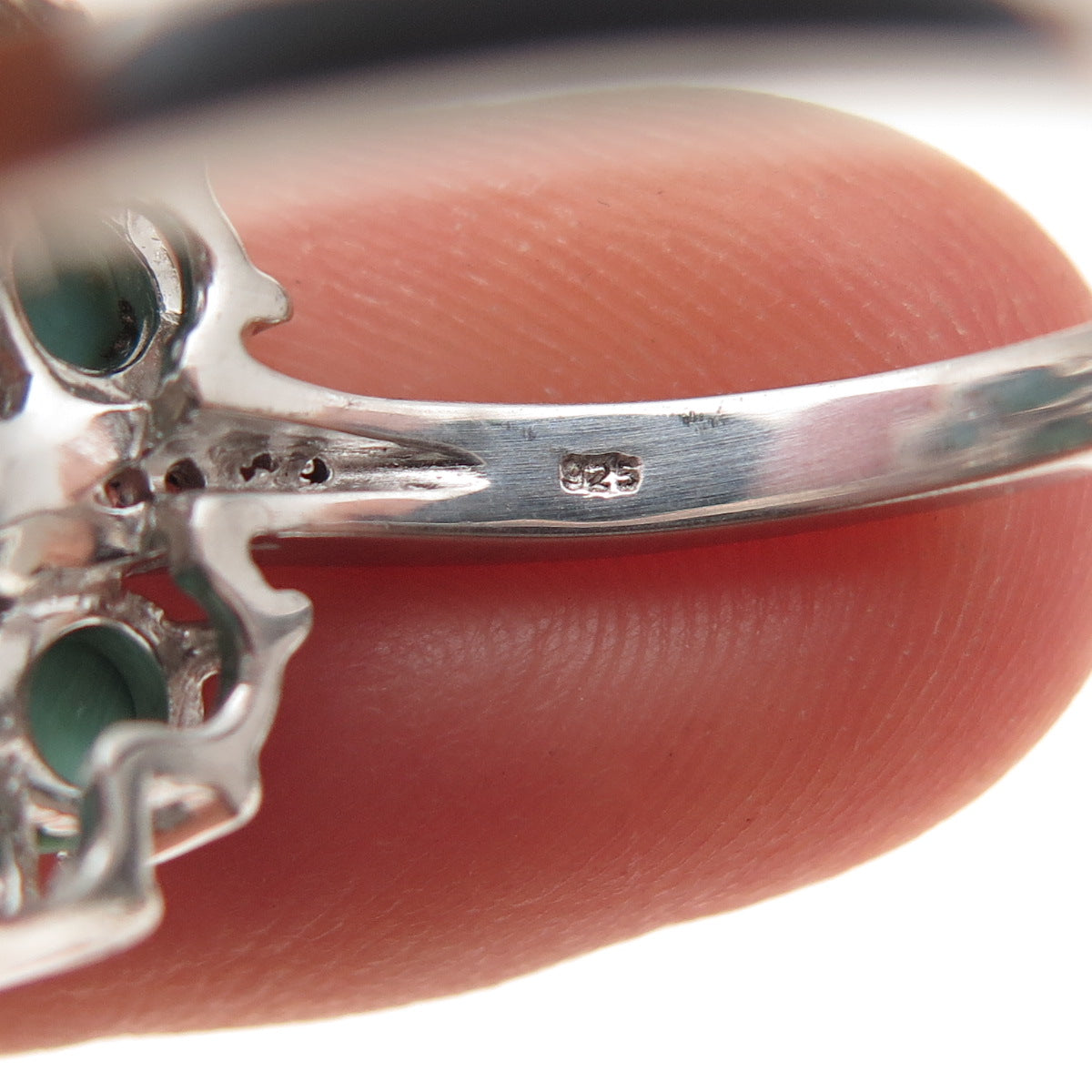 925 Sterling Silver Real Turquoise & White Topaz Floral Ring Size 8