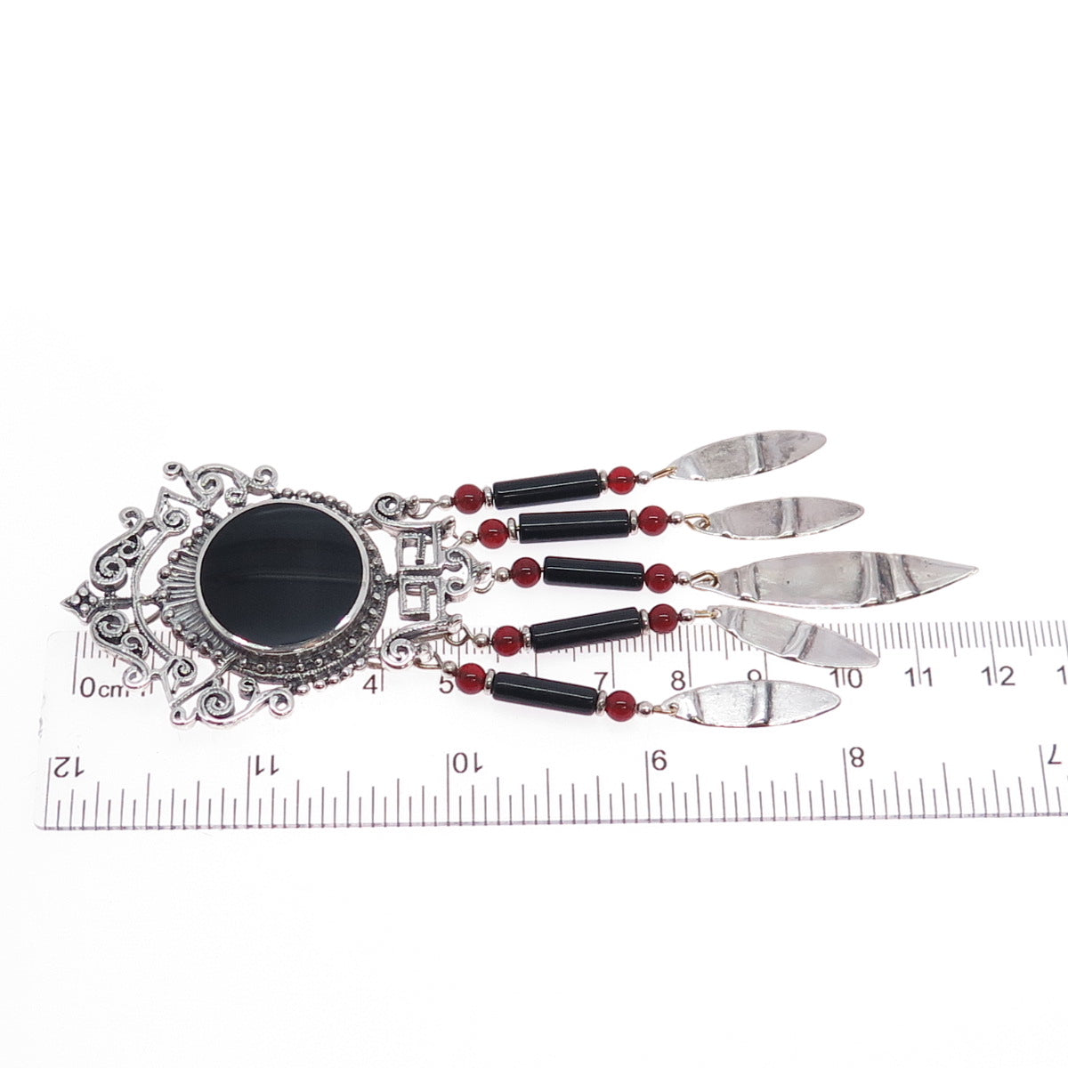 925 Sterling Silver Vintage Black Onyx & Carnelian Ethnic Oxidized Slide Pendant