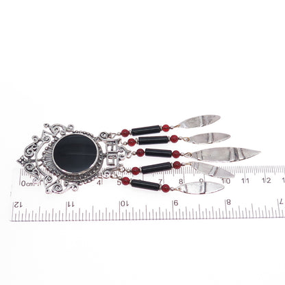 925 Sterling Silver Vintage Black Onyx & Carnelian Ethnic Oxidized Slide Pendant