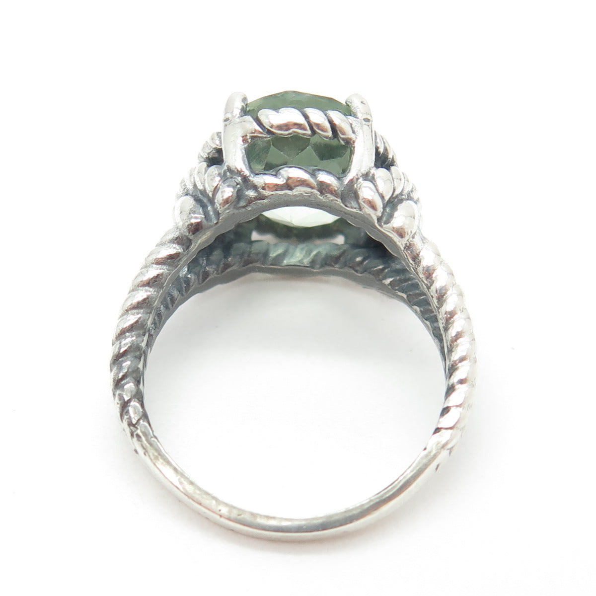 925 Sterling Silver Vintage Real Green Amethyst Roped Ring Size 7.75