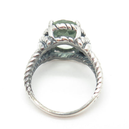 925 Sterling Silver Vintage Real Green Amethyst Roped Ring Size 7.75