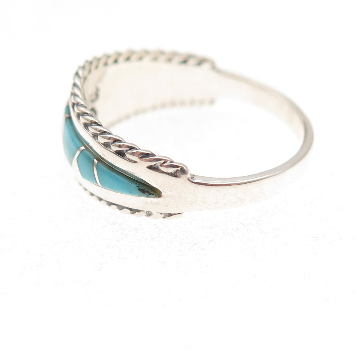 925 Sterling Silver Vintage Real Turquoise Zig Zag Oxidized Ring Size 8.25