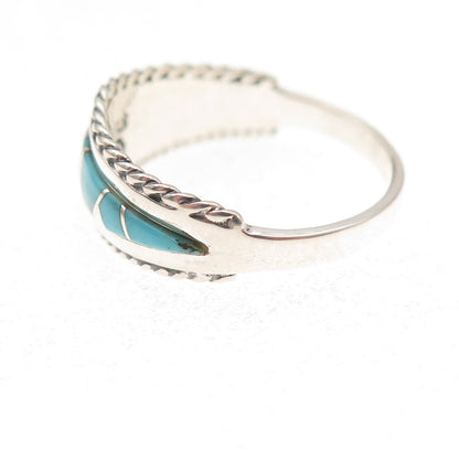 925 Sterling Silver Vintage Real Turquoise Zig Zag Oxidized Ring Size 8.25