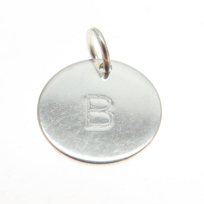 925 Sterling Silver Letter "B" Initial Heart Round Tag Minimalist Charm Pendant