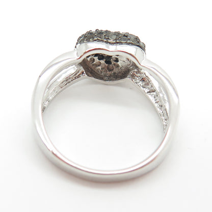 925 Sterling Silver Real Round-Cut Black Diamond Heart Ring Size 7.75